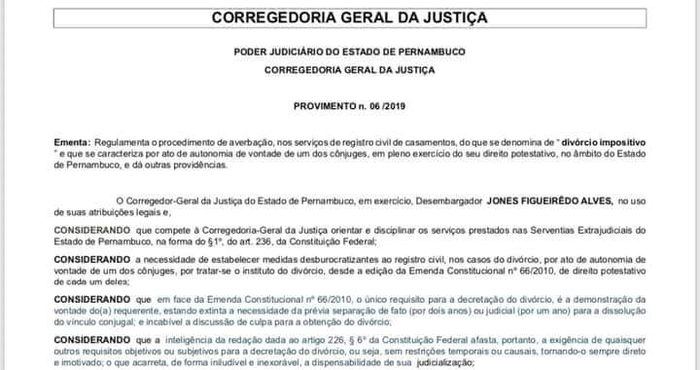 Decisão regulamenta divórcio impositivo no estado de Pernambuco
