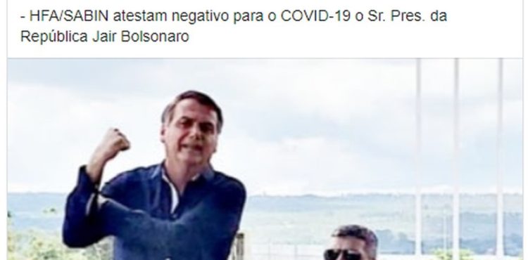 Bolsonaro diz em rede social que seu exame de coronavírus deu negativo