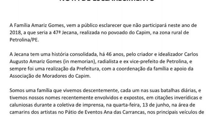 Em nota, família do radialista Carlos Augusto se retira da festa da Jecana e evento deve ser cancelado