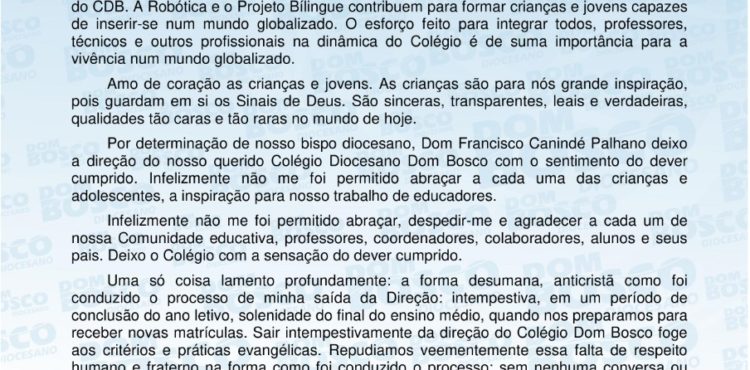 Padre Antônio expõe sua insatisfação com demissão do Colégio Dom Bosco