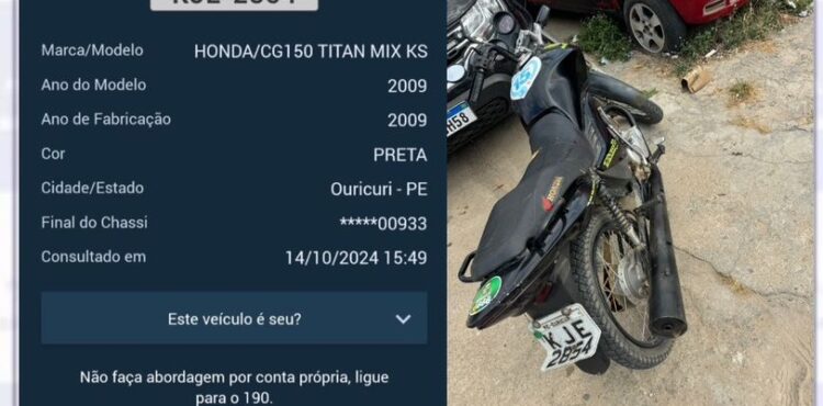 Polícia Militar flagra moto adulterada e com restrição de roubo em Ouricuri-PE